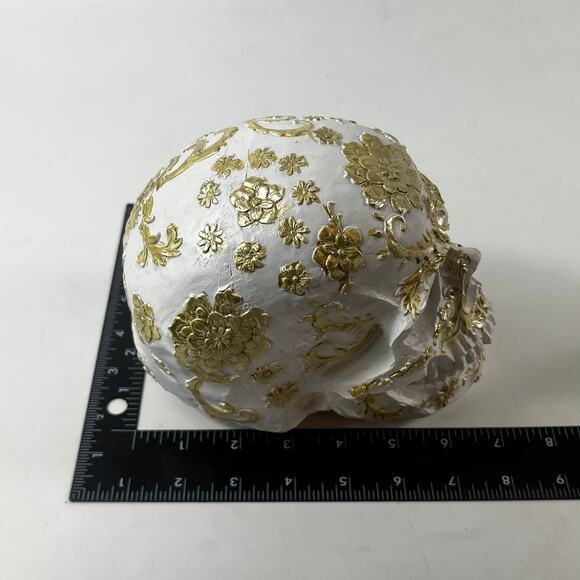 White & Gold 6" Decorative Skull Floral Scrollwork Halloween Apothecary Holiday - Picture 9 of 10